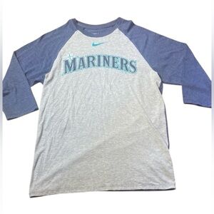 The Nike Tee Womens Medium Seattle Mariners Gray and Blue Raglan Shirt Baseball